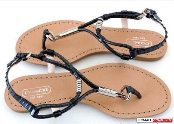 COACH Black Leather Opal Snake Sandals Shoes Flats Women's 8