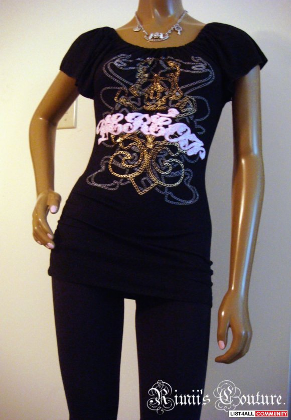 Dereon by BEYONCE Short Sleeve Long Black Tunic Top Tee Women's M