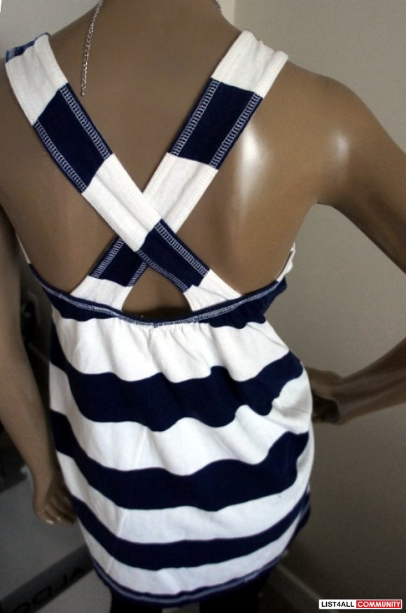 ESPRIT White+Blue Striped Cross Back Strap Dress Women's S/M
