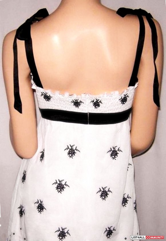 BEBE Smocked Ruffle Empire Waist White+Black Tunic Top Womens