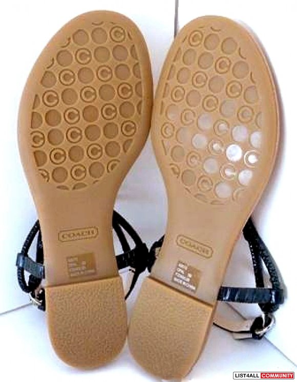 COACH Black Leather Opal Snake Sandals Shoes Flats Women's 8