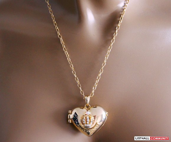 JUICY COUTURE Crystals+Gold Heart+Crown Locket Chain/Necklace