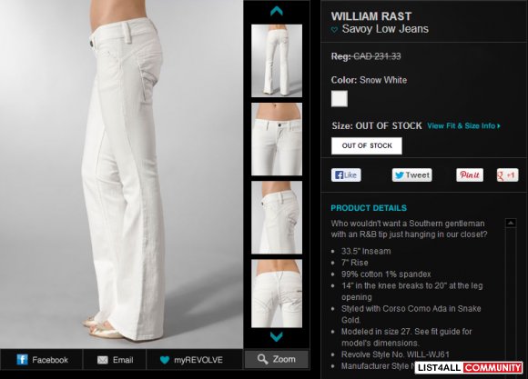 WILLIAM RAST Savoy Snow White Jeans Womens 28