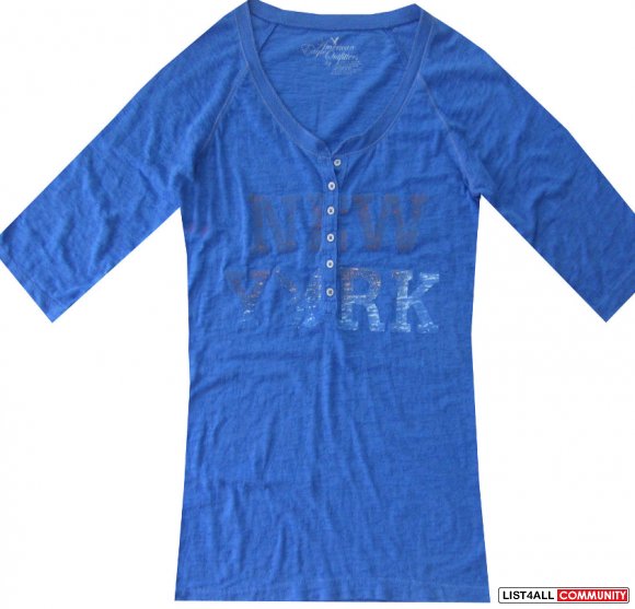 AMERICAN EAGLE Henley Top 3/4 Sleeve NEW YORK Logo Shirt
