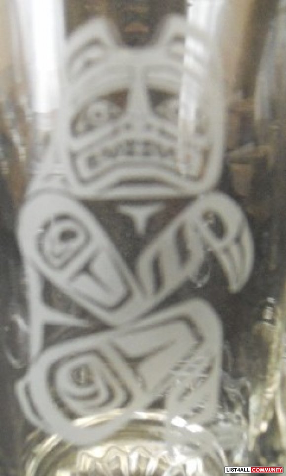 2 beer mugs, etched Haida design