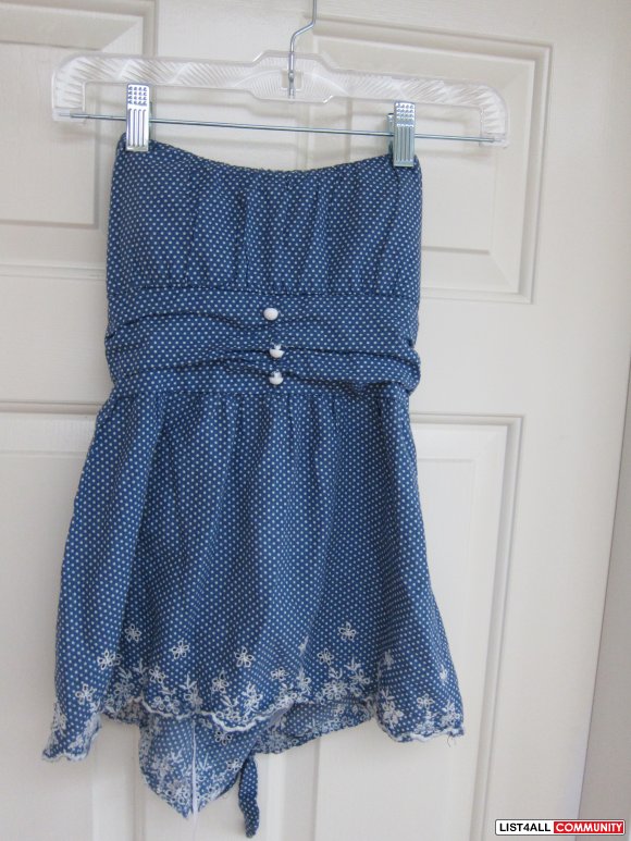 Blue polka dot button tube top with tie xs