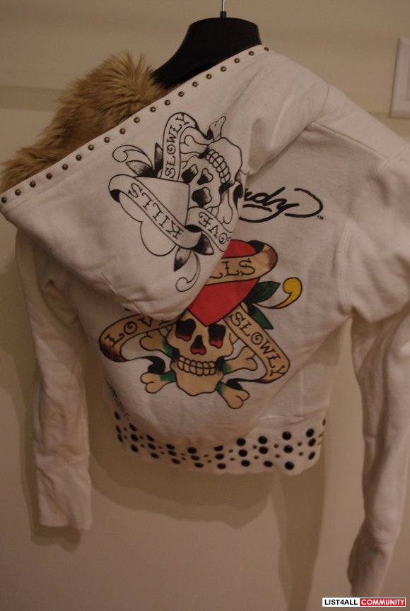 Ed Hardy Furry Bejewled Hoodie - Size Small