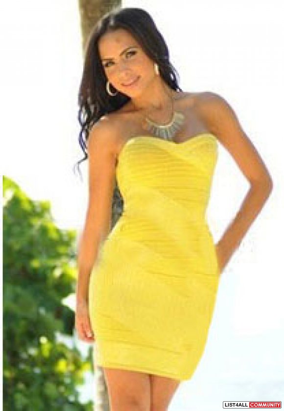 Body Con - Size S -Yellow Shimmer Sequins Accent Strapless Bandage Dre