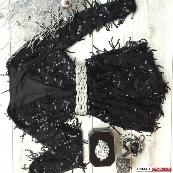 Black Sequins Longsleeve Playsuit, Size M