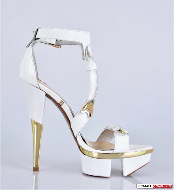 Designer Inspired Super High Heels - genuine white leather & with gold
