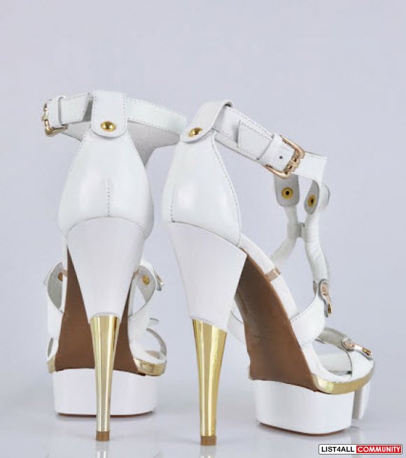 Designer Inspired Super High Heels - genuine white leather & with gold