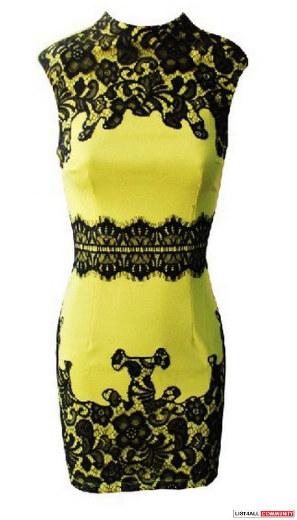 Bright yellow dress with black lace embellishment