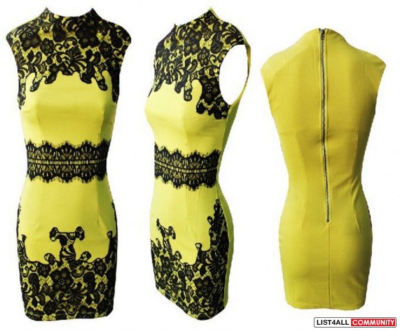 Bright yellow dress with black lace embellishment