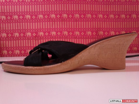 Italian Shoemaker's black wedge sandals w/ gold buckle
