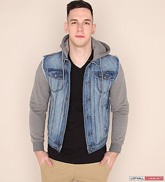 Brand new denim vest with grey hood and sleeves size M