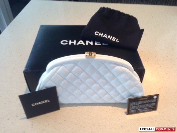 Authentic Chanel White Timeless Quilted Clutch with Gold Hardware