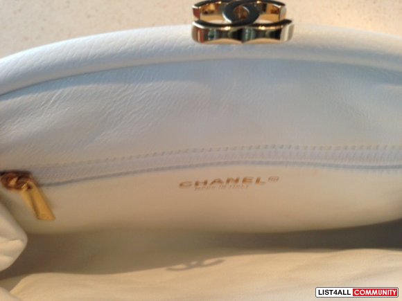Authentic Chanel White Timeless Quilted Clutch with Gold Hardware