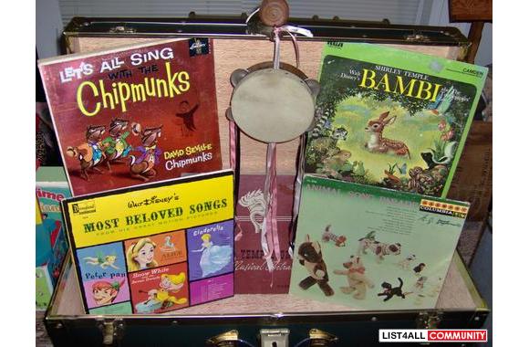 Vintage toy trunk. Vinyl,books,marionette puppets,