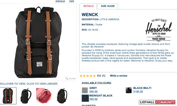 FS: Herschel Black Little America Backpack