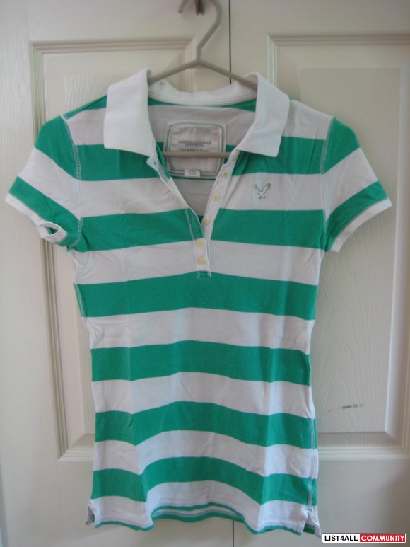 American Eagle Outfitter's Green & White Striped Polo Tee