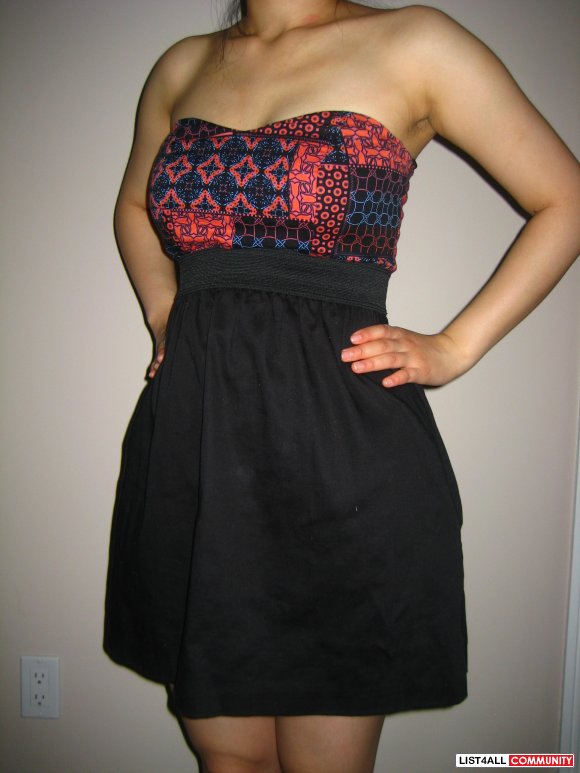 Strapless Dress Red & Black Design w/ Pockets