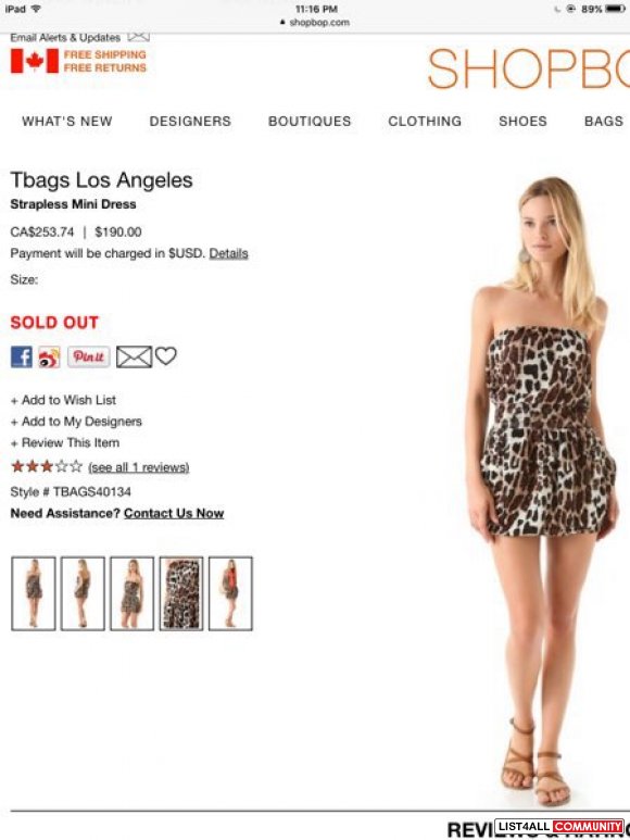 Tbags Los Angeles Dress - XS (WORN ONCE) Retail $190 US