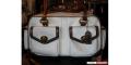 Coach white satin with brown leather and gold hardware trim