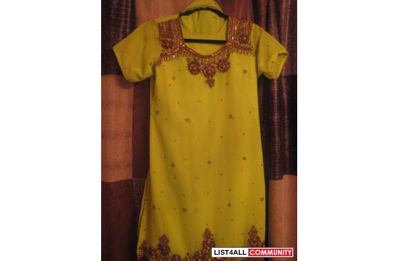 parrot green dress with brown beeds work on it