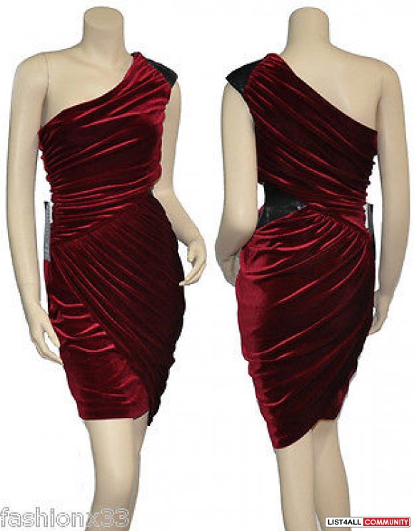 Bebe Red Velvet Draped Toga Dress Shoulder Greek Grecian Goddess