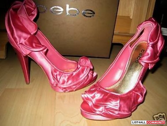 bebe Ariel pink fuchsia heels ruffle satin shoes peep toe