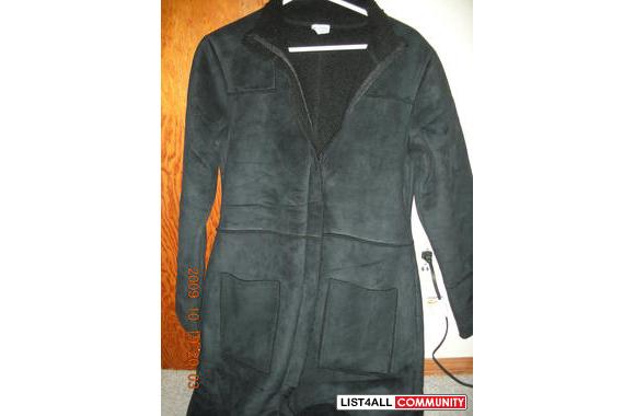 BLACK LEATHER WOOL LONG JACKET- i worn this once, 10/9 is the conditio