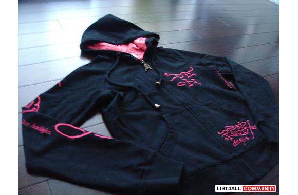 ED HARDY by Christian Audigier: Skull hoodie lined with pink silk
