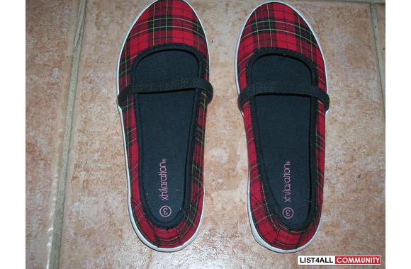 red and black plaid flats