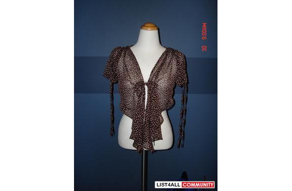 Anna Sui bolero, brown sheer with pink dot tie up 