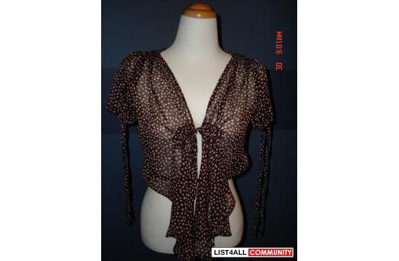 Anna Sui bolero, brown sheer with pink dot tie up 