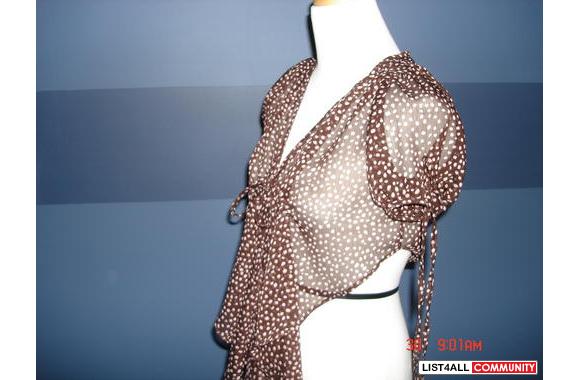Anna Sui bolero, brown sheer with pink dot tie up 
