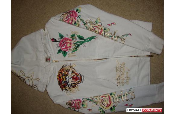 White ED HARDY zip up Flowery sleeves, and tiger with crystals on the 