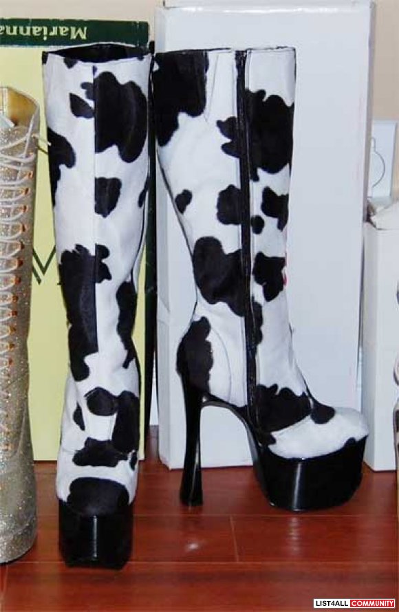 knee high cow print boots