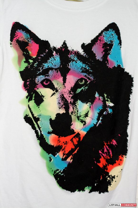 White Multicolored Wolf T Shirt size M / L