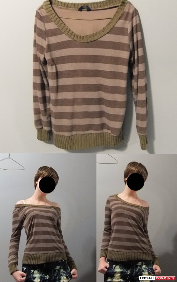 Cute Brown Striped Off the Shoulder Sweater